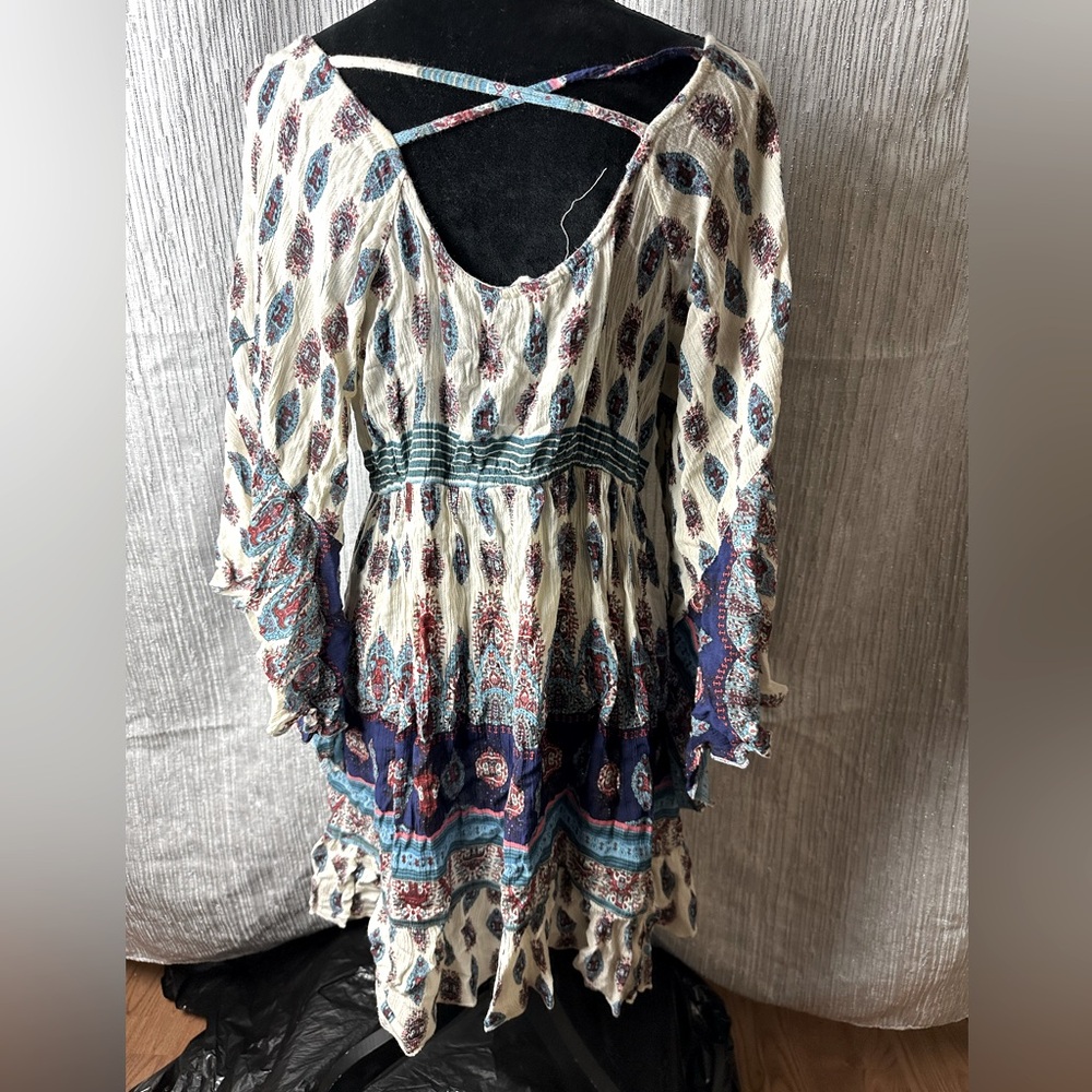 Fun & Flirty Bohemian Print Dress with Blue Accents Size L